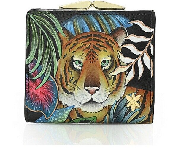 Anuschka Hand-Painted Leather Bi-Fold French Clasp Wallet Tiger