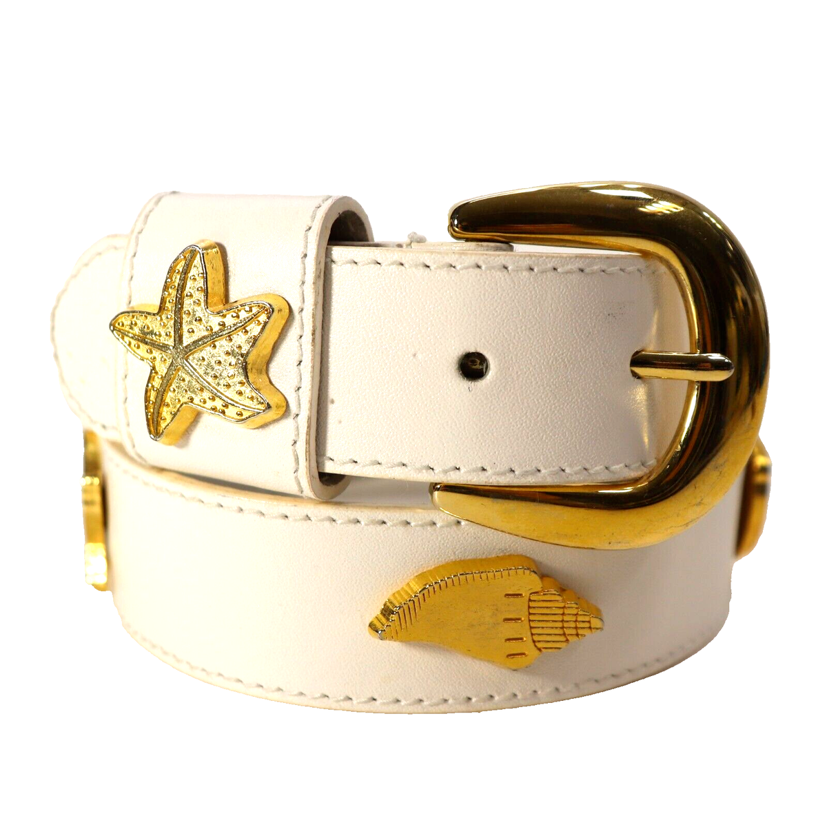 Docker Beach Belt S White Genuine Leather Gold Fish Starfish 
