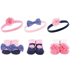 Hudson Baby Headband and Socks Giftset 6pc, Pink Navy Flower, One Size
