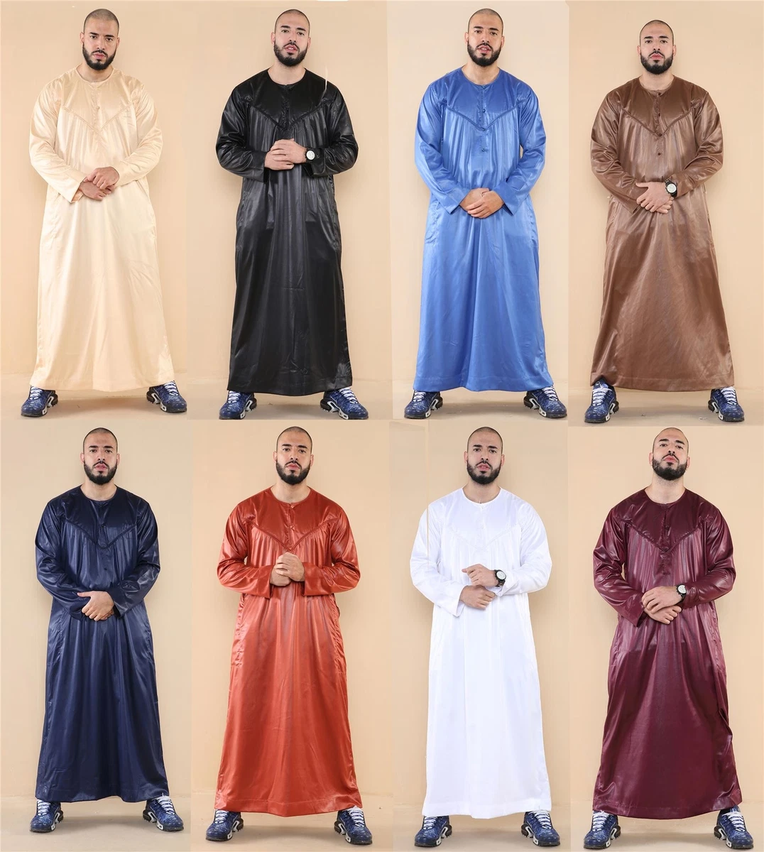 Mens Thobe Jubba Islamic Clothing Muslim Kaftan Emirati Omani Robe Satin  Shiny