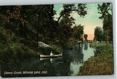 1908 Postcard Cherry Creek Lake Winona Indiana Antique Paddle Boat