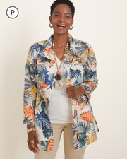 Chicos Linen Utility Jacket Womens 4/6 Palm Tropical Chic 3/4 Sleeves Pockets