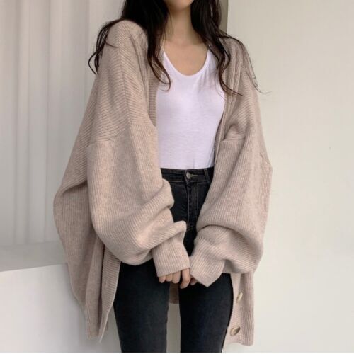 Women Button Down Lantern Sleeve Oversized Cardigan Sweater Knit Coat Knitwear - Afbeelding 14 van 15
