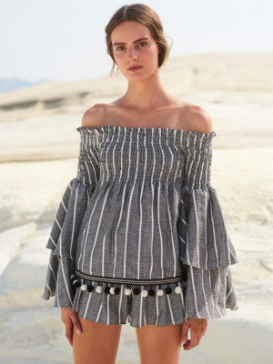 $440 NEW Caroline Constas APPOLONIA POM POM Top off Shoulders Black White XS M L