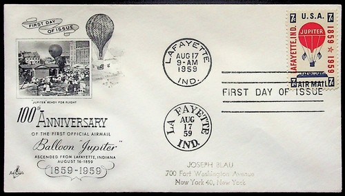 1959 First Day of Issue 7¢ US Air Mail Balloon Jupiter Lafayette IN Postmark Art