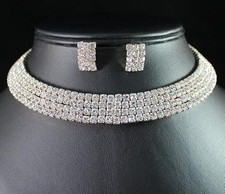 4-ROW CLEAR AUSTRIAN RHINESTONE CHOKER NECKLACE EARRINGS SET WEDDING N0580 GOLD