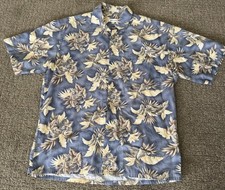 VTG Pierre Cardin Hawaiian Shirt Mens Large Blue Cotton Palm Leaf Casual Mint