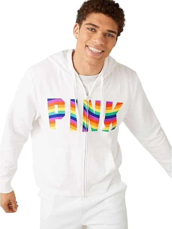 UNDERCOVER Felpa con cappuccio e zip Victoria's Secret unisex arcobaleno ROSA bianca in pile taglia XS PREZZO AL PUBBLICO £62