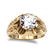 Mens 9ct Gold Jewelco London CZ Solitaire Carved Gypsy Ring 10mm 4 Carats