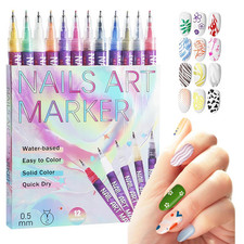Nail Art Markers 12 Colors 0.5MM, Quick Dry Drawing Pens for DIY Salon Nail Deco