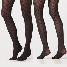 Legacy Diagonal Plaid  Solid Control Top Tights Black - Set of 2