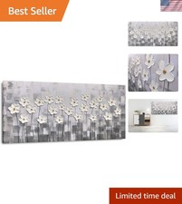 Grey White Flowers Wall Art Canvas Floral Painting Modern Framed Decor Bedroo...