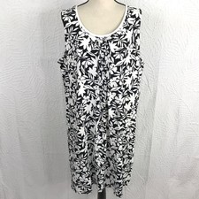 LANDS END Shift Tank Dress Size 2X Knit Sleeveless Black White Floral Pleated