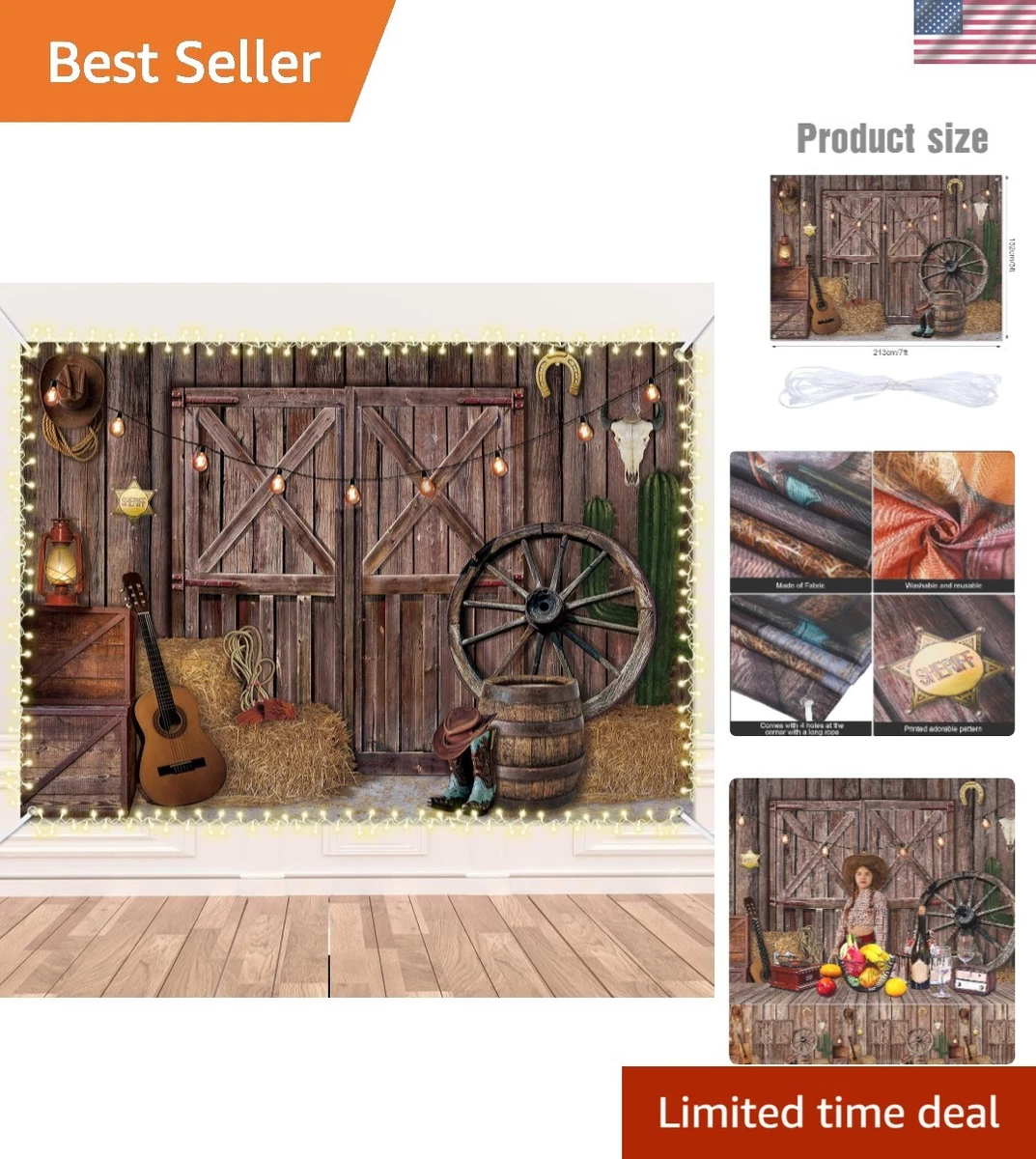 Sfondo a tema festa occidentale 5,9 x 3,6 m Western Cowboy decorazioni per feste fornitura Wild West decorazione a tema casa in legno fienile sfondo fotografico per bambini foto compleanno banner