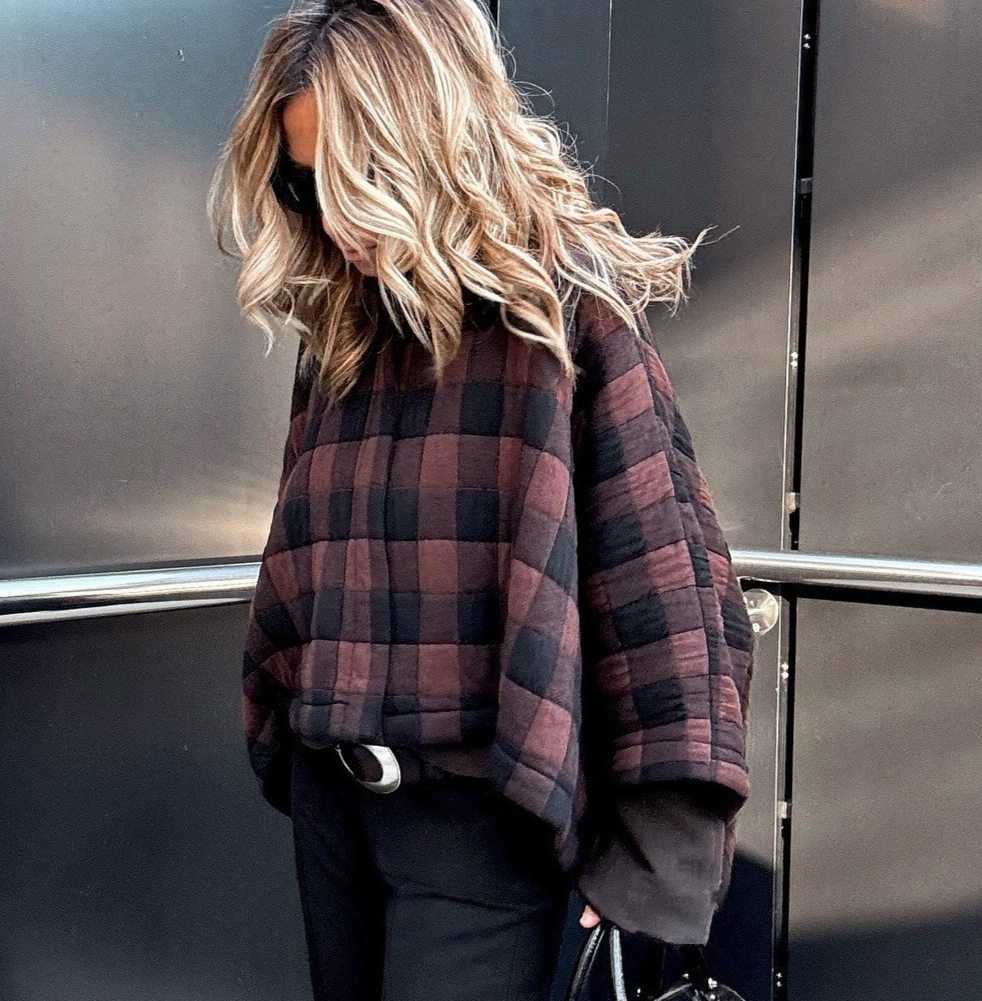 ZARA QUILTED CHECK KIMONO SLEEVE ASYMMETRICAL SHORT CAPE PONCHO