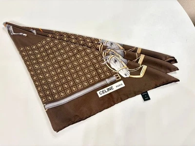 CELINE Écharpe en soie calèche marron 85 cm - Photo 1/4