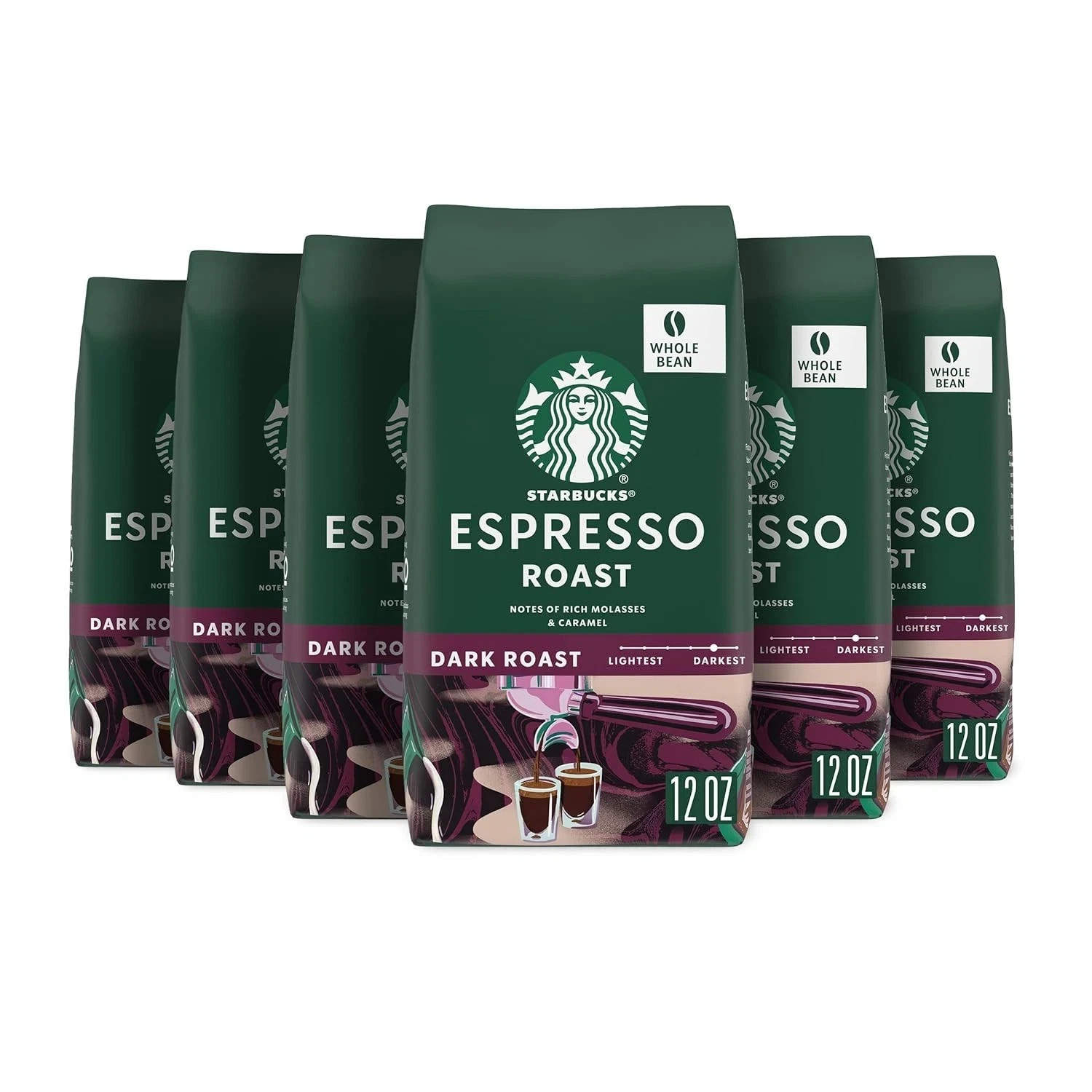 Starbucks Whole Bean Coffee, Dark Roast Espresso, 12 oz (6 Pack)