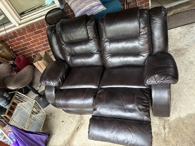 Brown Leather Reclining Loveseat 2-Seater Pillow Top Arms Wood Frame