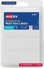 Multi-Use Removable Labels, 1" x 3", White, Non-Printable, 72 Blank Labels Total