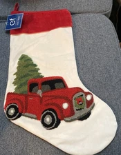 NWT C&F Hooked Wool Christmas Stocking Red Truck w/ Christmas Tree 19”