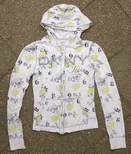 Cool Womens XS DKNY Jeans Knit Jacket White Gray Yellow Embellished Hood Pockets