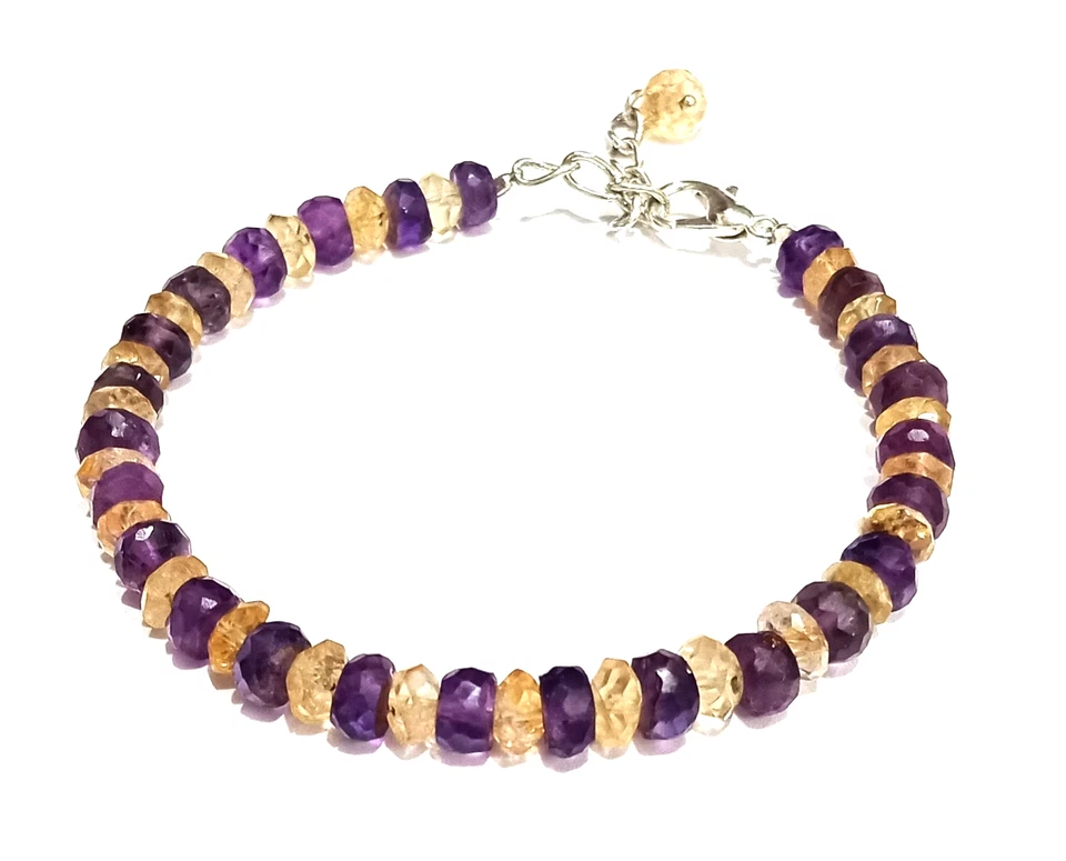 Natural Citrine and Amethyst Faceted Rondelle Bracelet Handmade Gemstone Jewelry - Image 2 of 4