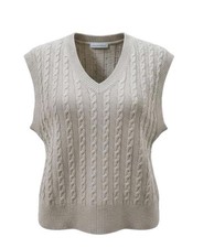 Cupcakes and Cashmere Cable Knit Sweater Vest L Beige Oatmeal V-Neck Y2K