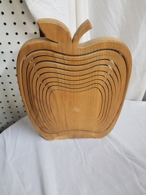 Vintage Handmade Spiral Cut Collapsible Apple Shape Oak Wood Basket
