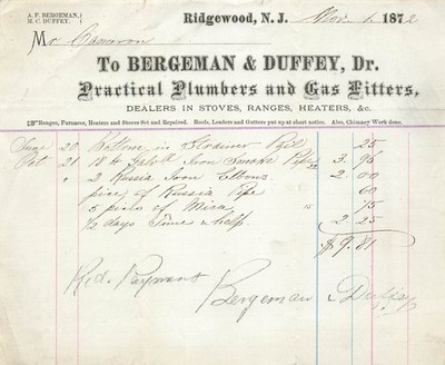 Billhead, Bergeman & Duffey, Practical Plumbers, Ridgewood, New Jersey NJ 1872