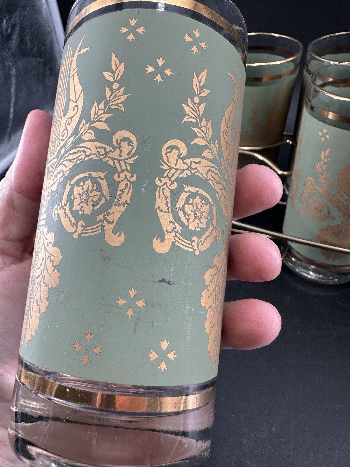 Jeanette Glass Co Laurel & Lyre 8 Piece Glass Set with Holder Vtg Green & Gold