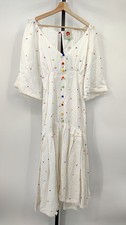 Farm Rio Women Embroidered Dot Midi Dress Off-White Basic Sleeved XS