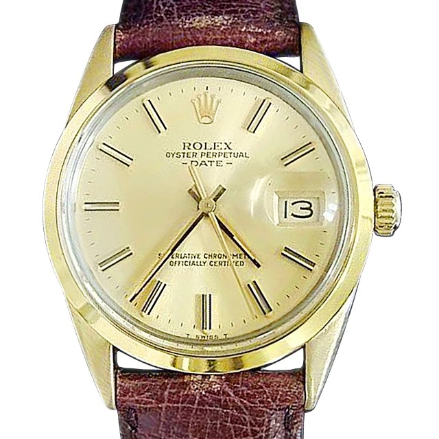 Rolex Date 1550 Hombres 14K Oro Carcasa Reloj Correa Cuero Marrón Esfera Champagne 34mm