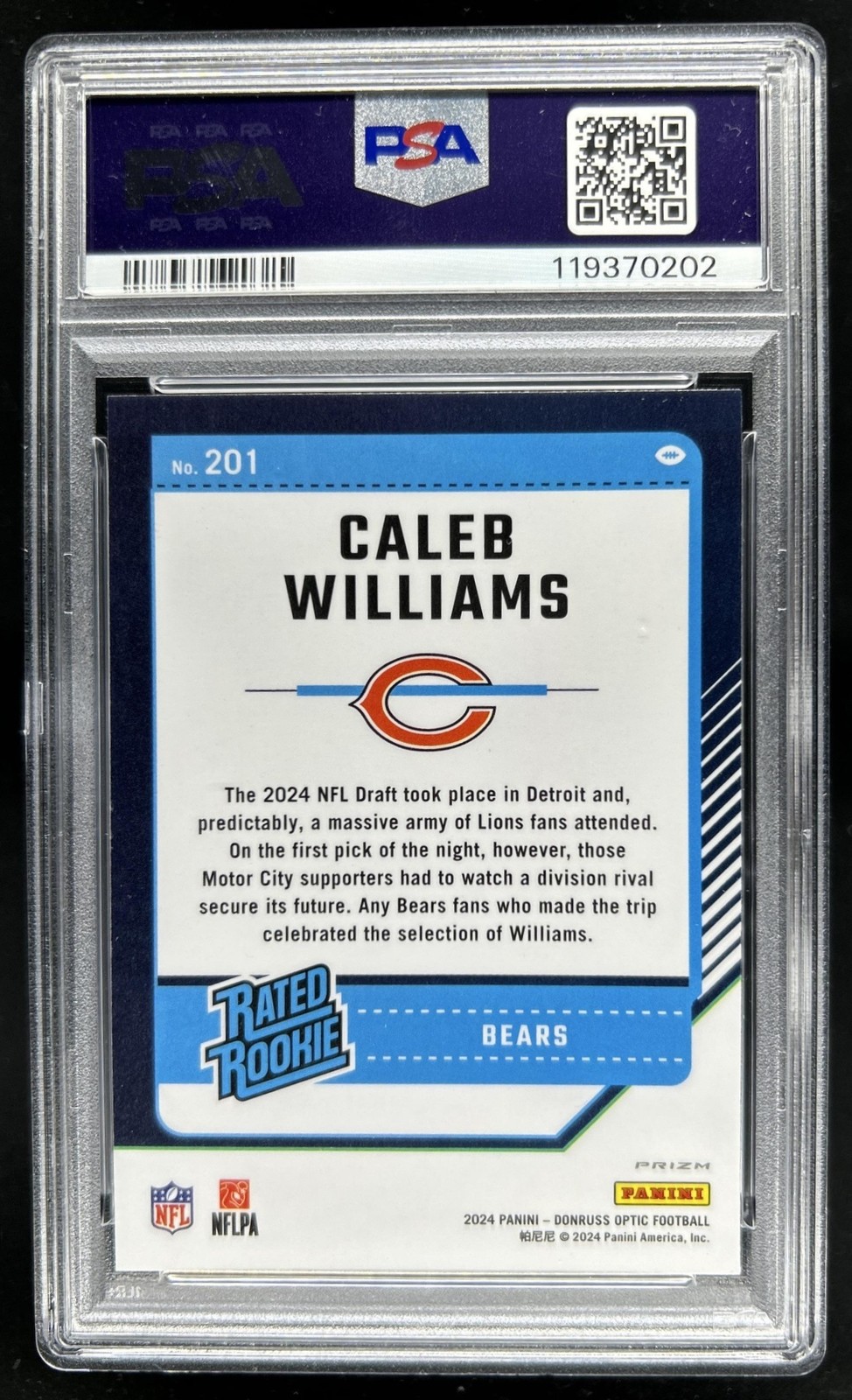 2024 Panini Donruss Optic Caleb Williams Blue Glitter Rated Rookie #201 PSA 9 view 2