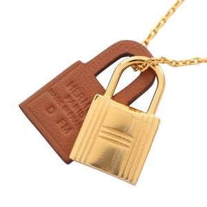 Authentic Hermes O'Kelly D Engraved Necklace Jewelry Gp Gold Plated Leather Ladies Gold/Br