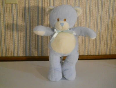 Toys R Us "My First Teddy" plush blue & cream color satin bow 12" tall 2010 - Image 1 of 4