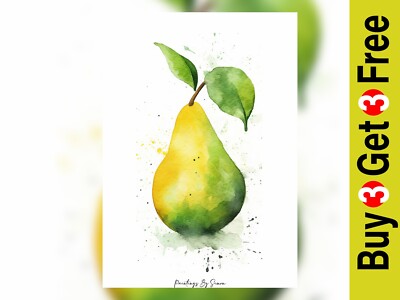Fresh Juicy Pear Watercolor Painting Print 5''x7'' on Matte Paper