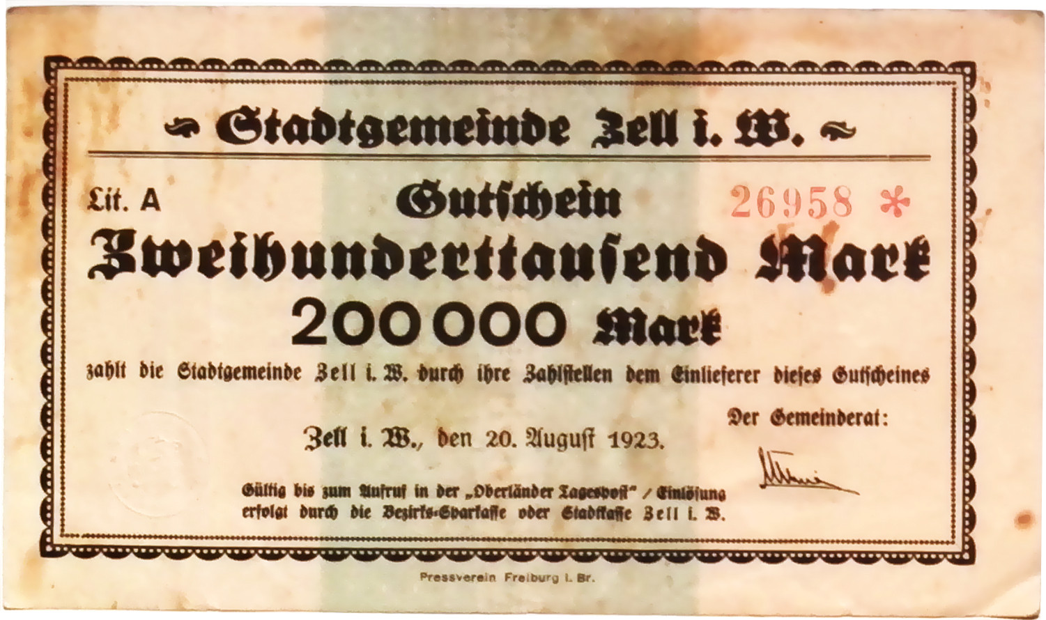 1923 Germany ZELL 200.000 Mark Banknote HYPER INFLATION