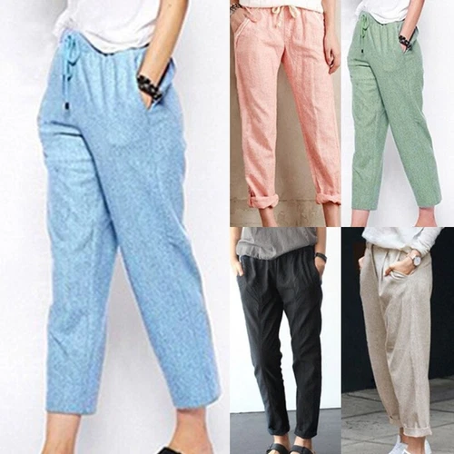 Ladies Lounge Elastic Waist Pants Women Beach Baggy Cropped Straight Loose Fit - Picture 2 of 23