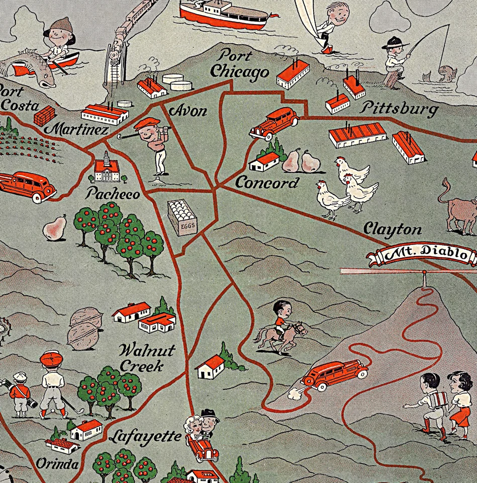 c1930 Pictorial Map Contra Costa County On San Francisco Bay Wall Art Poster — 第 3/3 张图片