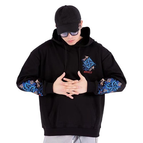 Niepce Men's Japanese Animal Embroidery Hoodie Pond of Fish Pullover - Picture 2 of 16