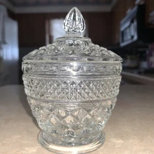 Clear pressed glass Covered Candy Trinket Dish Diamond Pattern Vintage
