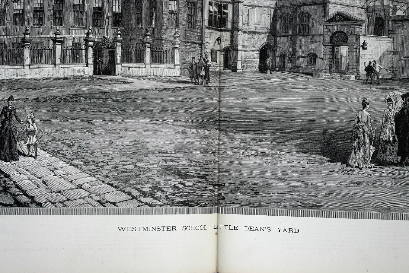 "WESTMINSTER SCHOOL LITTLE DEAN'S YARD" 1890 Double Page Woodblock