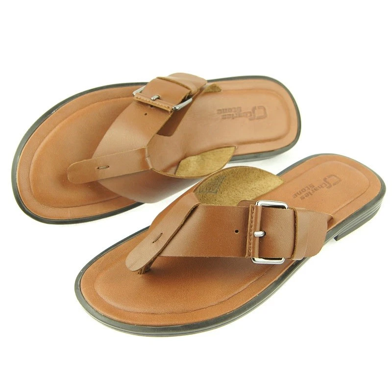 Charles Stone Genuine Leather Men's Flip-Flop Sandals, Tan 7-12US/40-45EU