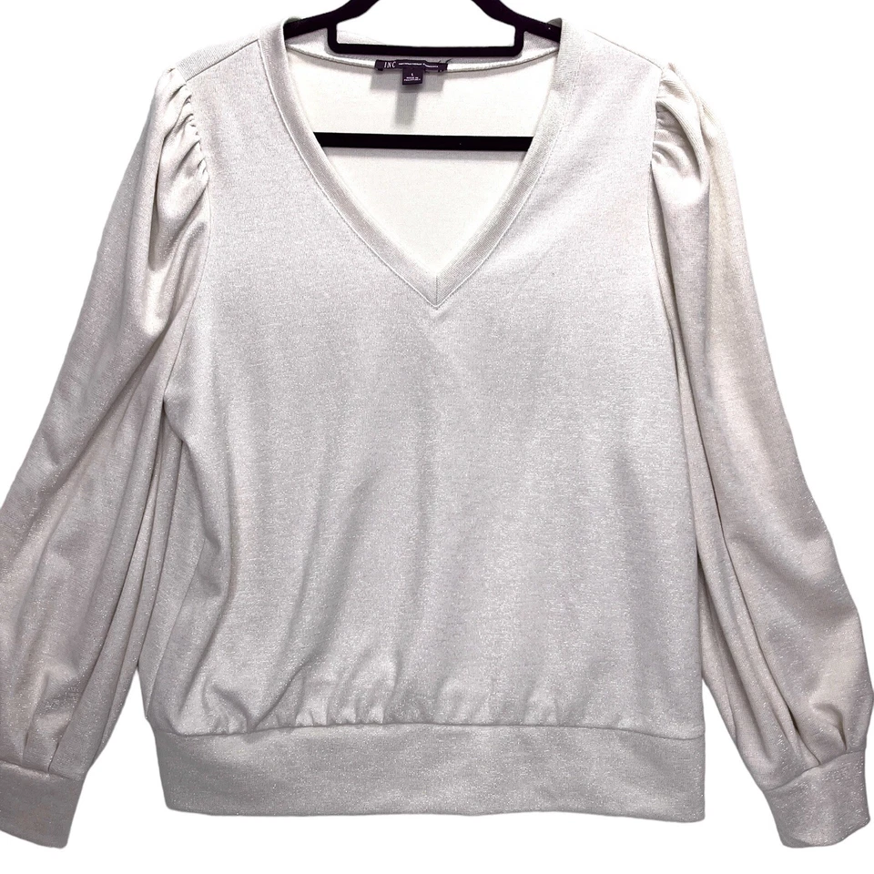 Suéter INC Elegante Rosa Pálido y Plata Talla Grande Manga Abullonada Cuello en V Brillante Foto 3 de 4