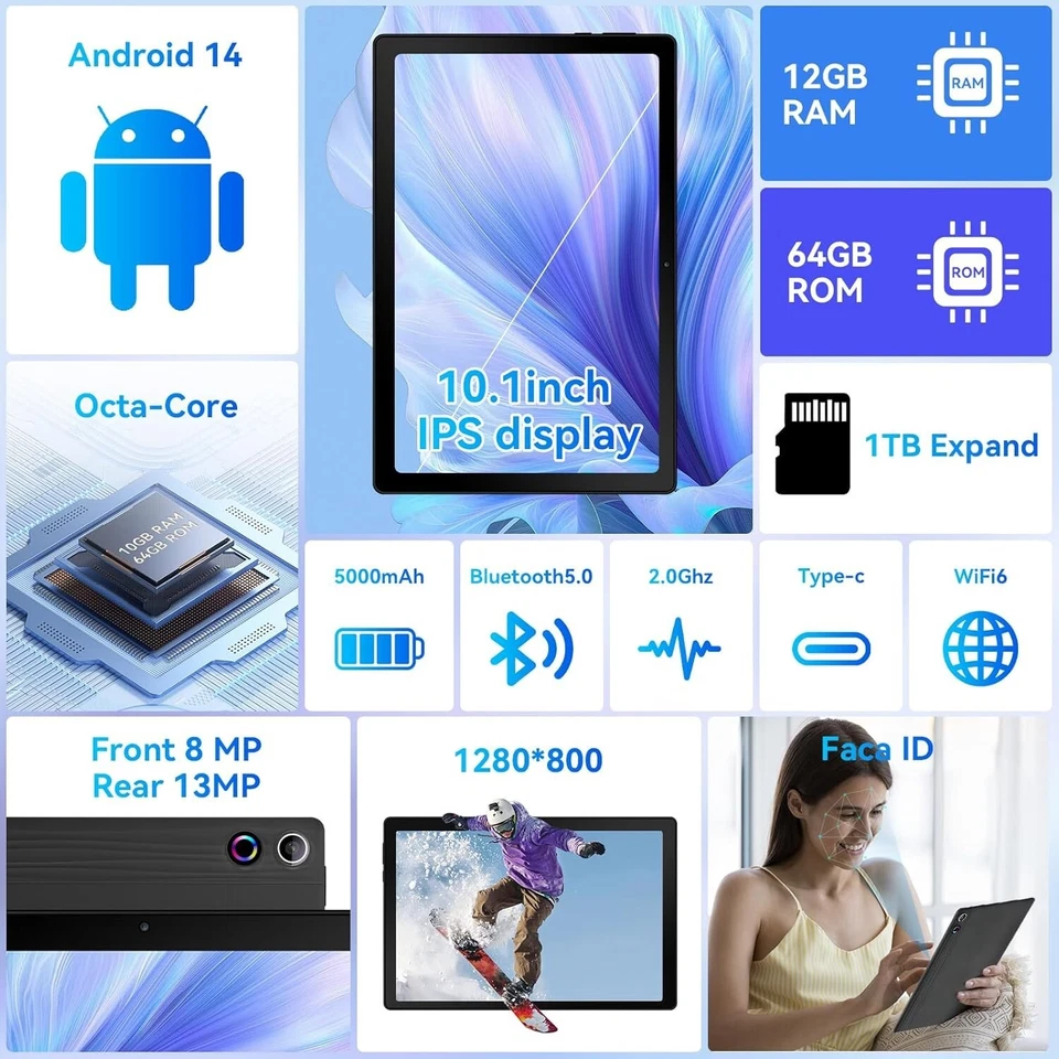 Tablet 10" Inch Android 14 Octa-Core 12GB RAM 1TB Expand 5G Keyboard Mouse Case - Image 2 of 4