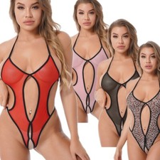 Womens See Through Sheer Mesh Lace-up Bodysuit Teddy One Piece Monokini Swimwear