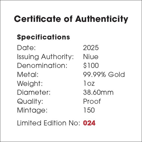 Niue 2025 Deadly & Dangerous TIGER SNAKE $100 1 Oz Gold Proof—20th Anniversary! - Picture 5 of 8