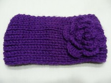 Purple with Floral Accent - Hand Knitted - One Size Headband 