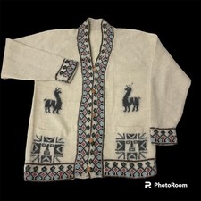 Vtg Cream LLAMA Aztec Cardigan MULTICOLOR Tribal Trim ALPACA MOHAIR Knit Sweater