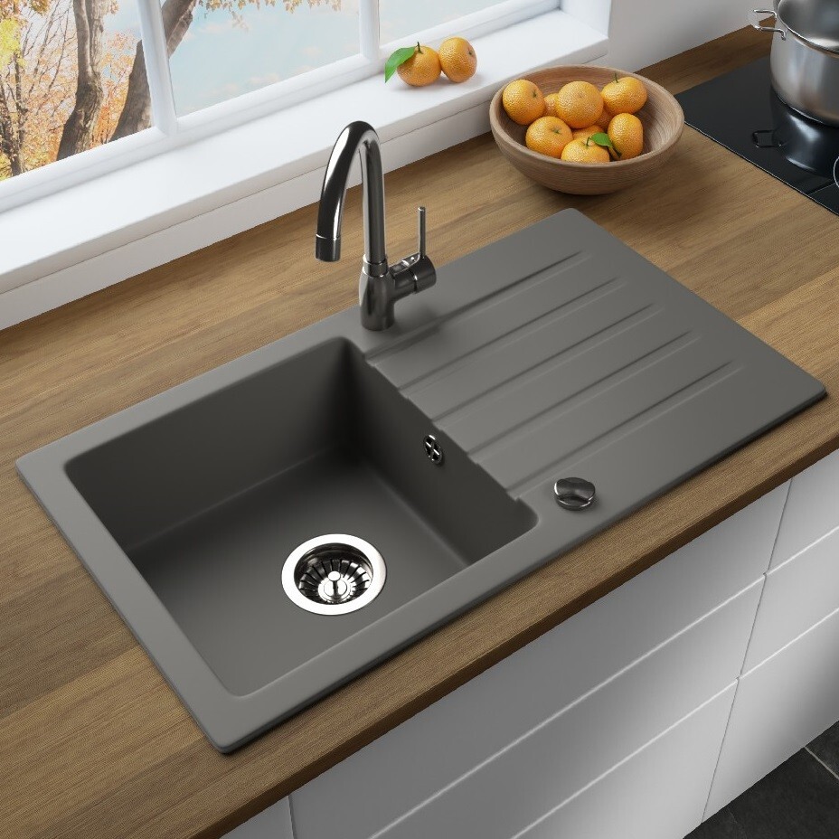LINDBERGH Granitspüle SEZ44 Schwarz – Antibakteriell, Mit Siphon & Imprägnierung, Made In Germany